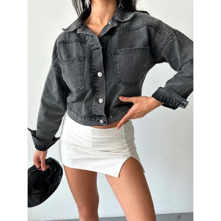 Çift cepli kol katlamalı süper taş enzim yıkama crop kot ceket füme d2000