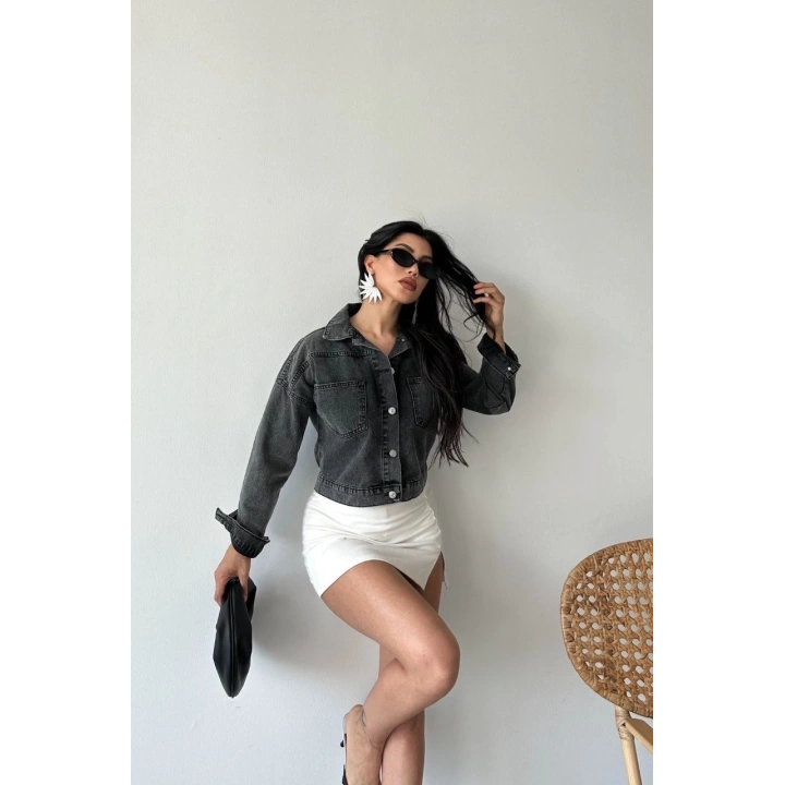 Çift cepli kol katlamalı süper taş enzim yıkama crop kot ceket füme d2000