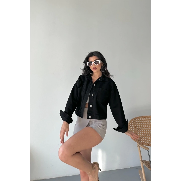 Çift cepli kol katlamalı süper taş enzim yıkamalı crop kot ceket siyah d2000