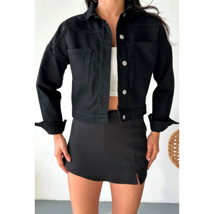 Çift cepli kol katlamalı süper taş enzim yıkamalı crop kot ceket siyah d2000