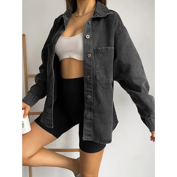 Çift Cepli Oversize Denim Gömlek Ceket
