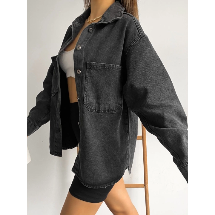 Çift Cepli Oversize Denim Gömlek Ceket