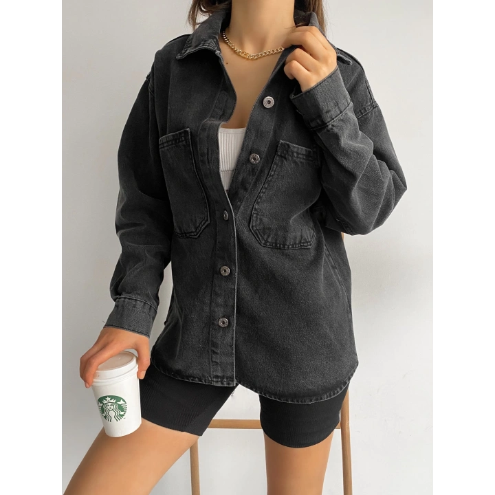 Çift Cepli Oversize Denim Gömlek Ceket