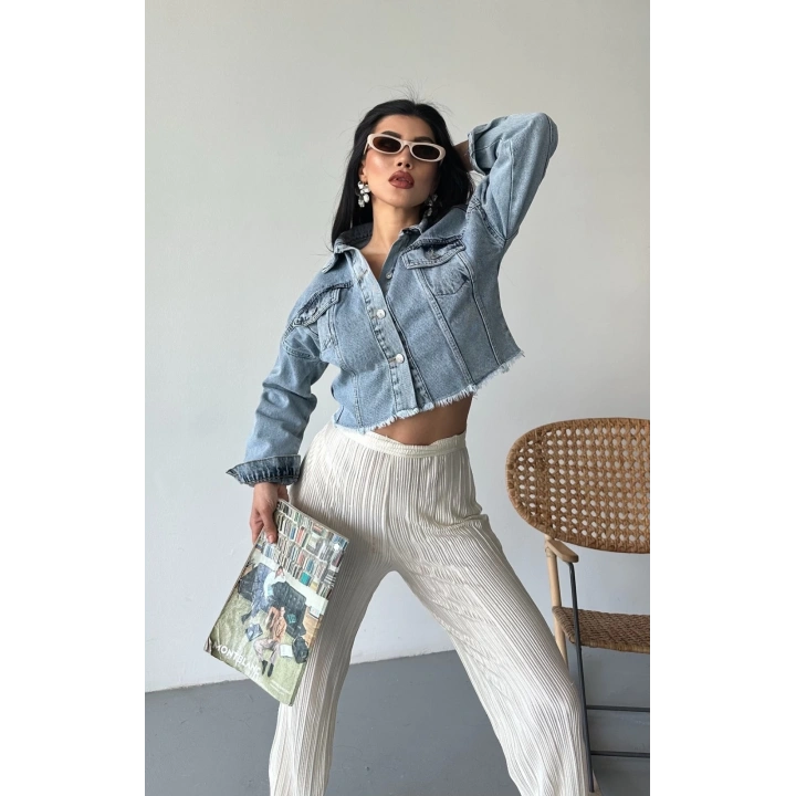 Çift kapaklı püsküllü crop buz mavi d2002