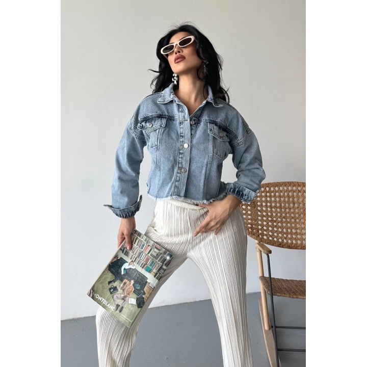 Çift kapaklı püsküllü crop buz mavi d2002