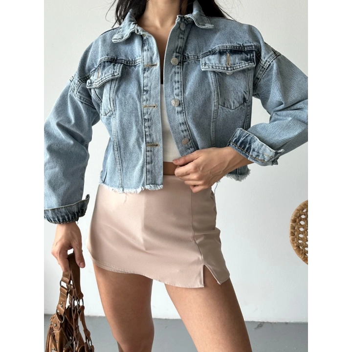 Çift kapaklı püsküllü crop buz mavi d2002