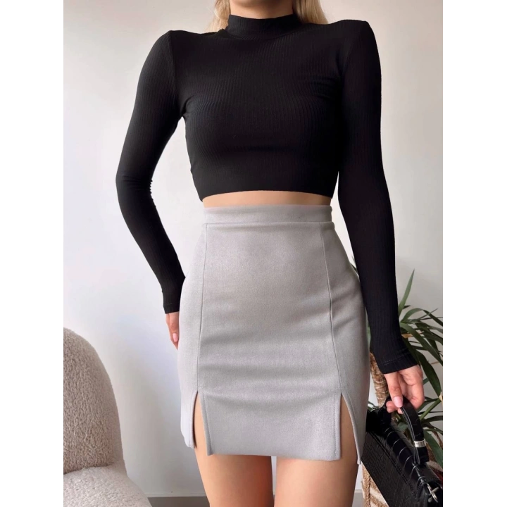 Çift yurtmaçlı süet etek gri s241002