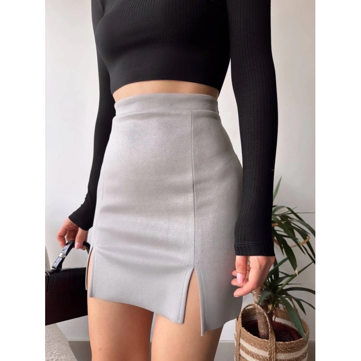 Çift yurtmaçlı süet etek gri s241002