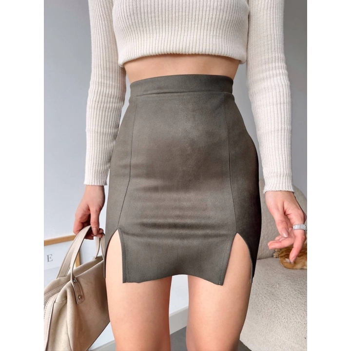 Çift yurtmaçlı süet etek haki s241002