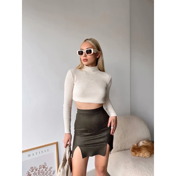 Çift yurtmaçlı süet etek haki s241002