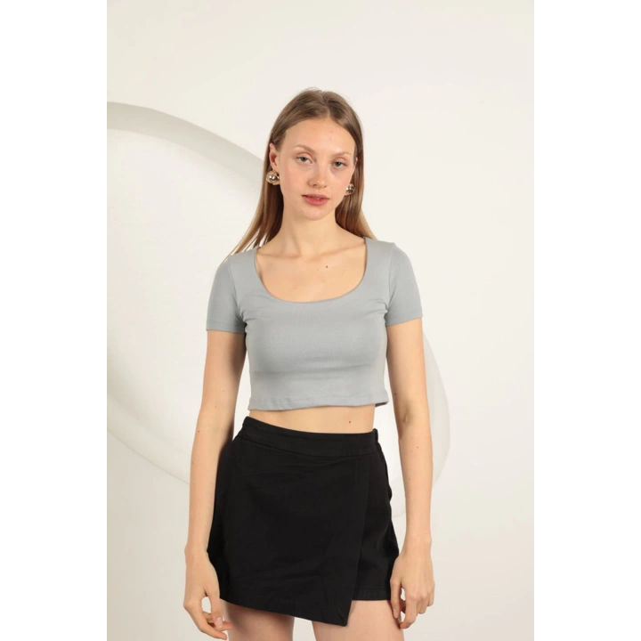 Çilek Viskon Kumaş U Yaka Bluz-Gri