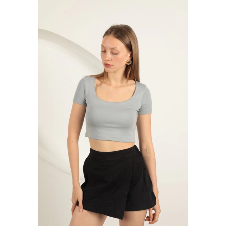 Çilek Viskon Kumaş U Yaka Bluz-Gri