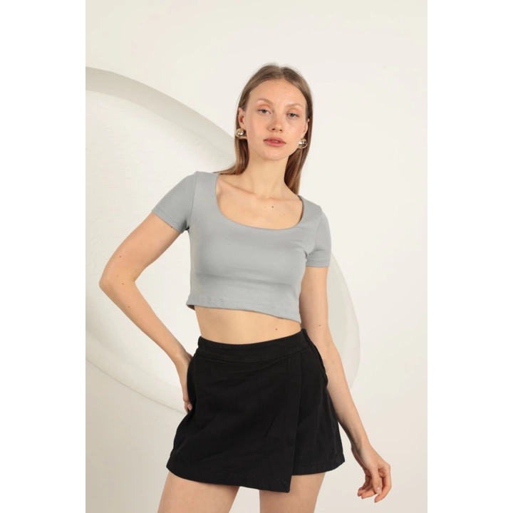 Çilek Viskon Kumaş U Yaka Bluz-Gri