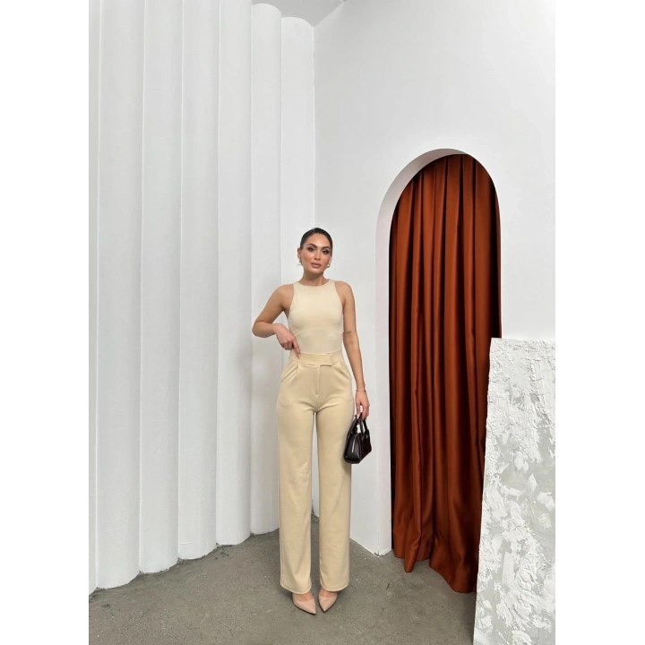 Cırtlı pantolon krep bej pt