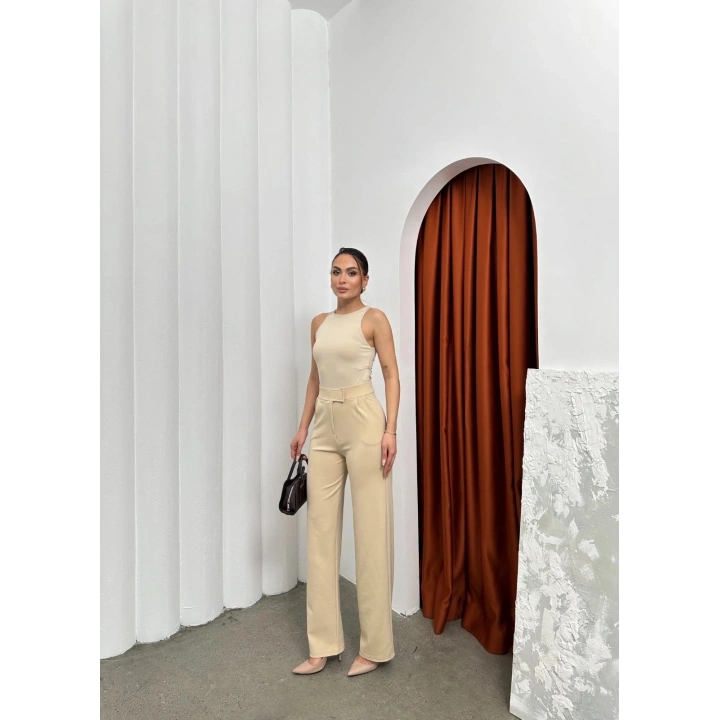 Cırtlı pantolon krep bej pt