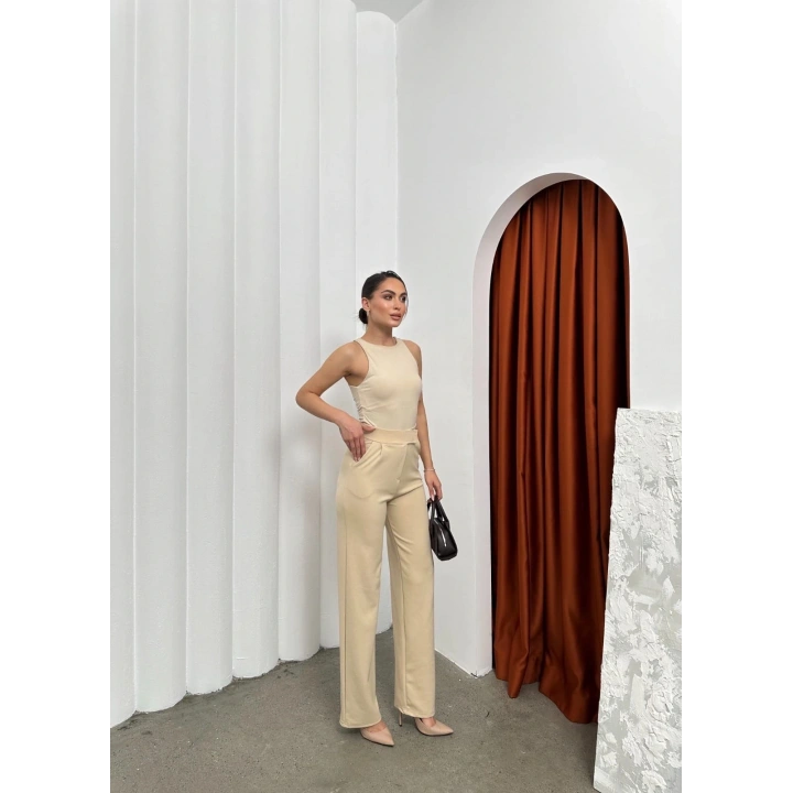 Cırtlı pantolon krep bej pt