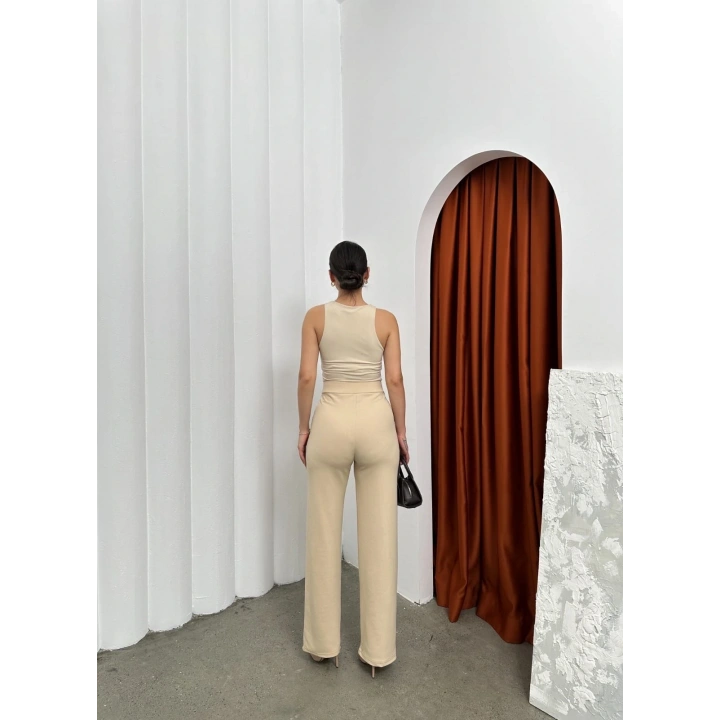 Cırtlı pantolon krep bej pt