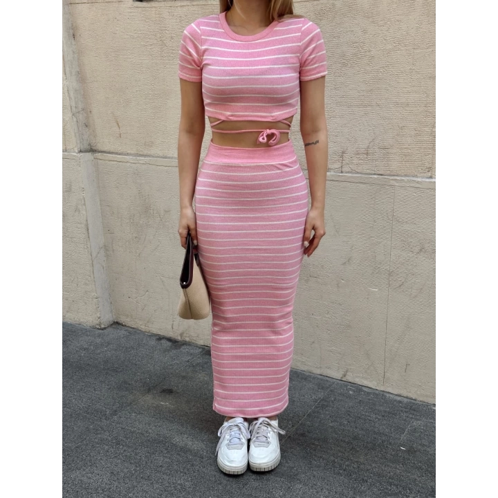 Çizgili etekli takım pembe s3609