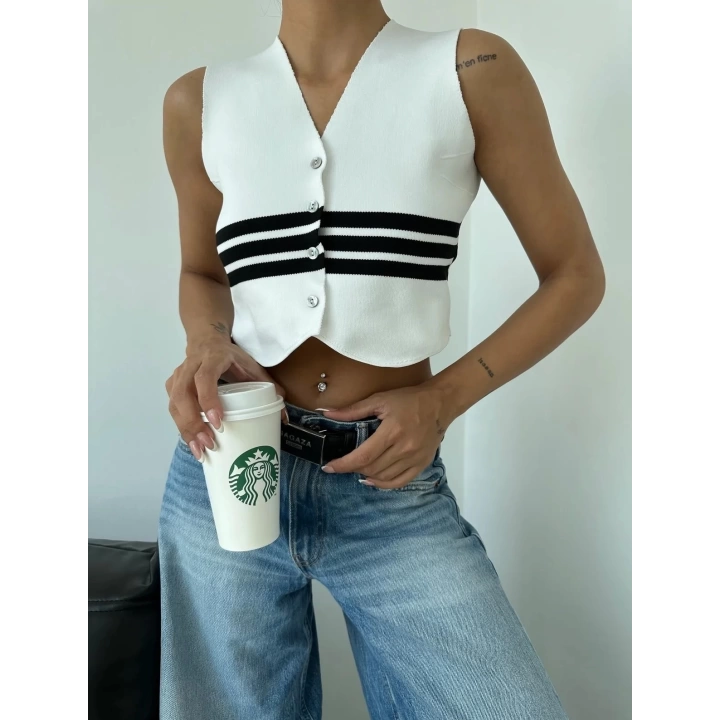 Çizgili Triko Crop Yelek Bluz Ekru - 1467.100