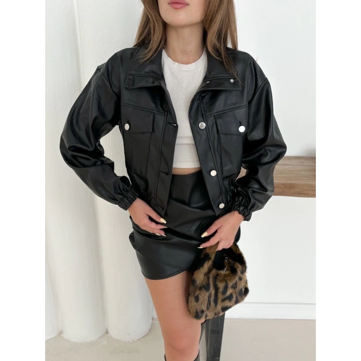 Crop bomber deri ceket siyah st2551985