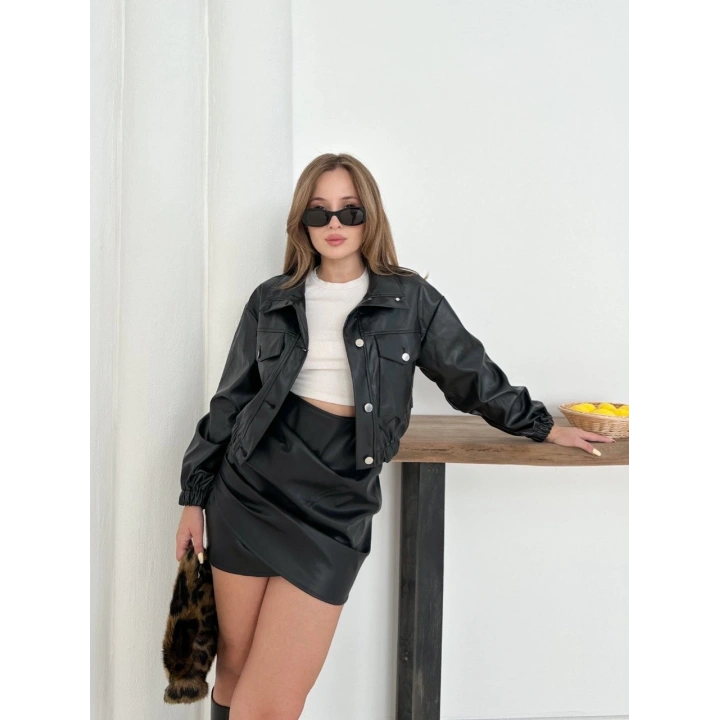 Crop bomber deri ceket siyah st2551985