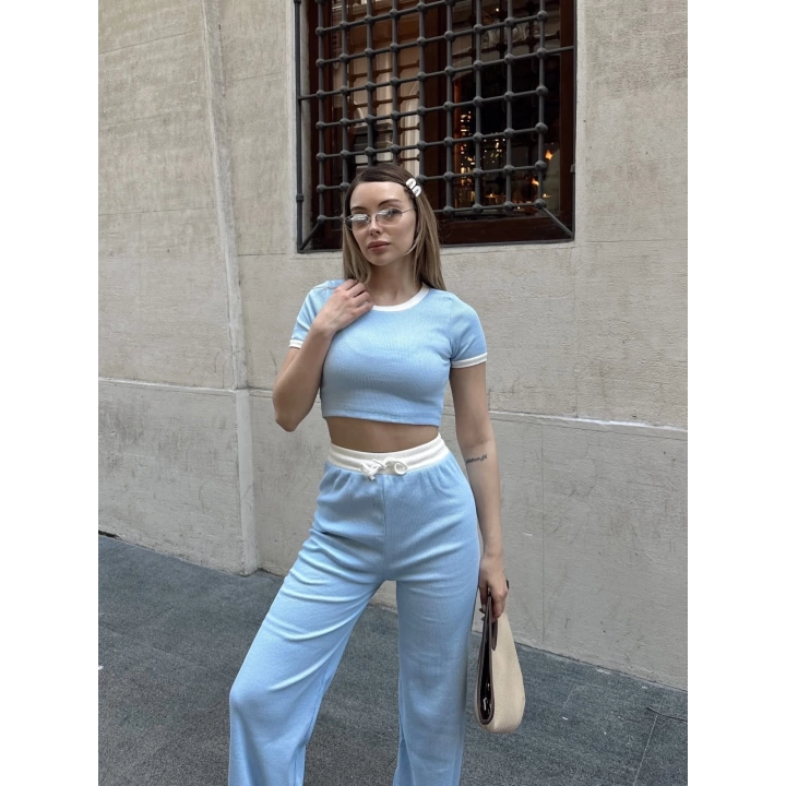 Crop pantolon biyeli takım mavi