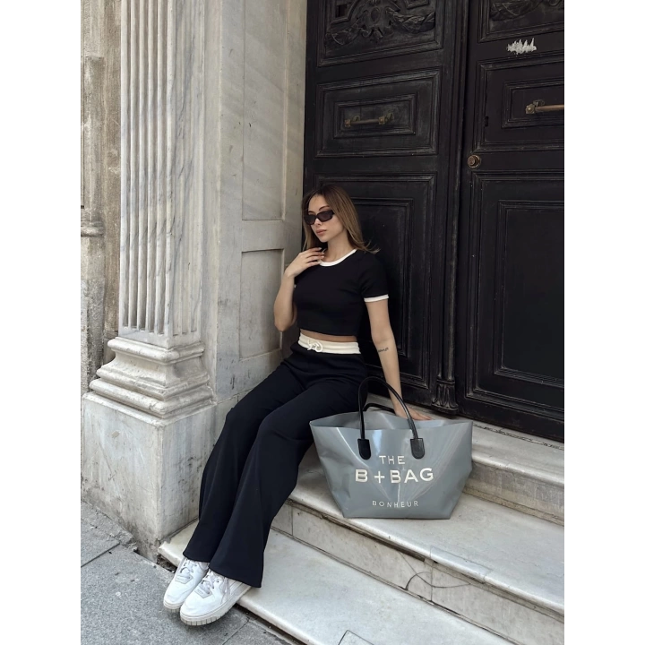 Crop pantolon biyeli takım siyah