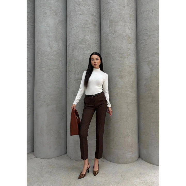 Dar paça kemerli kumaş pantolon kahve pt53