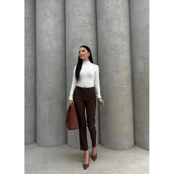 Dar paça kemerli kumaş pantolon kahve pt53