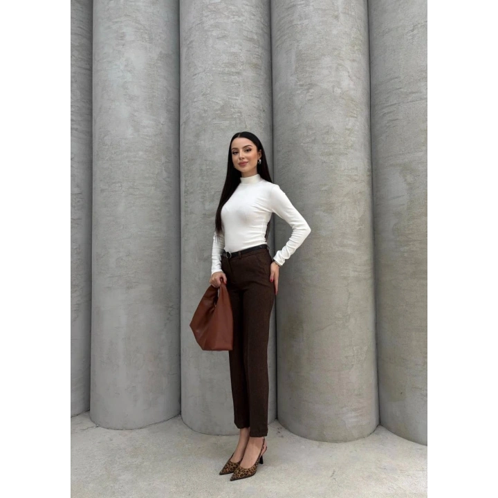 Dar paça kemerli kumaş pantolon kahve pt53