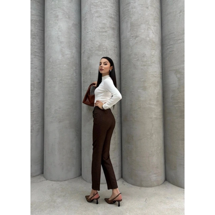 Dar paça kemerli kumaş pantolon kahve pt53