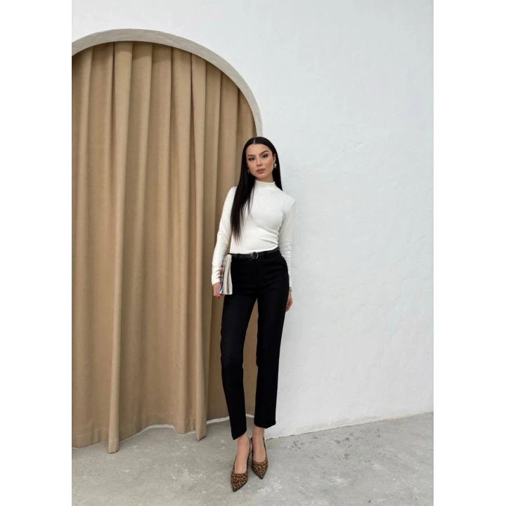 Dar paça kemerli kumaş pantolon siyah pt53