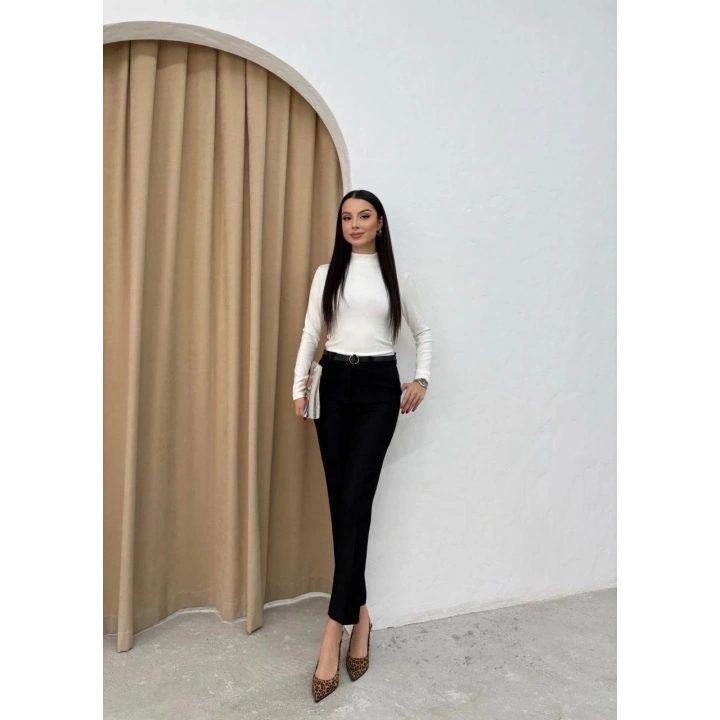 Dar paça kemerli kumaş pantolon siyah pt53