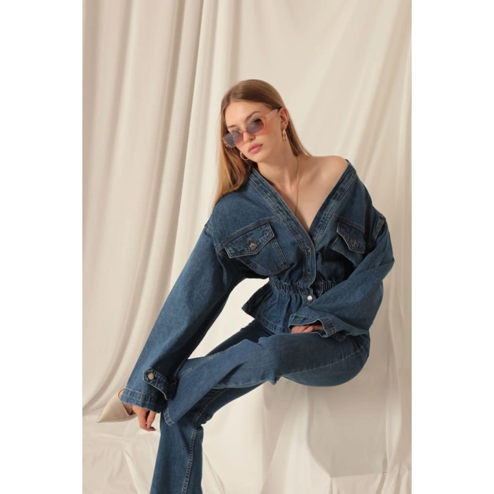 Denim Kumaş Beli Lastikli Kadın Mavi Kot Ceket