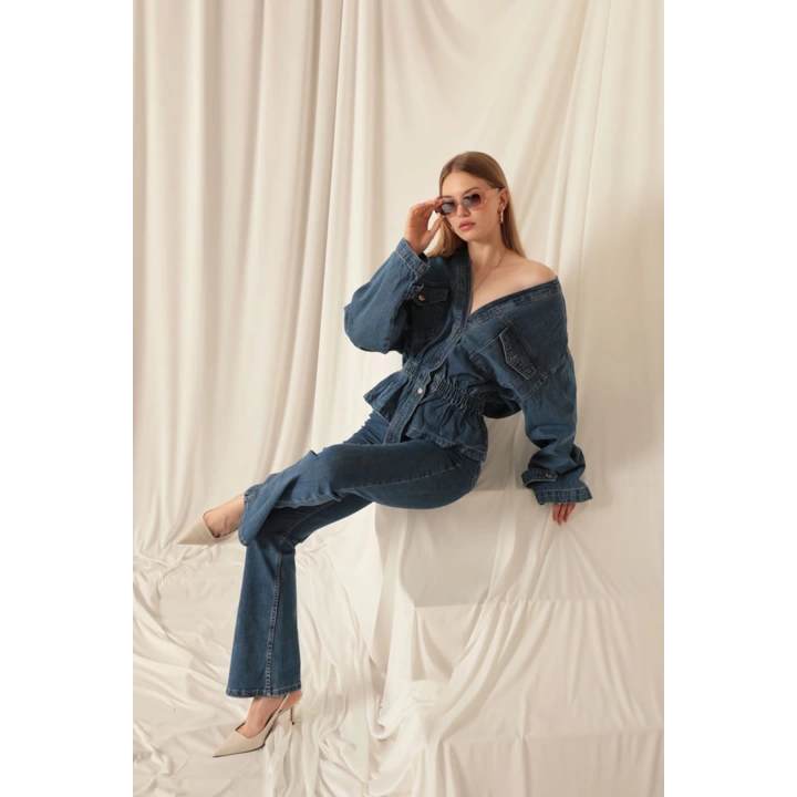 Denim Kumaş Beli Lastikli Kadın Mavi Kot Ceket