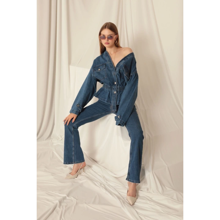 Denim Kumaş Beli Lastikli Kadın Mavi Kot Ceket