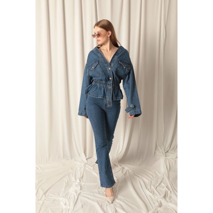 Denim Kumaş Beli Lastikli Kadın Mavi Kot Ceket