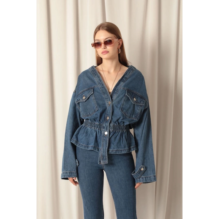 Denim Kumaş Beli Lastikli Kadın Mavi Kot Ceket