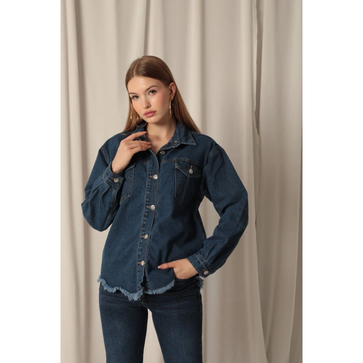 Denim Kumaş Cep Detay Püsküllü Kadın Mavi Kot Ceket