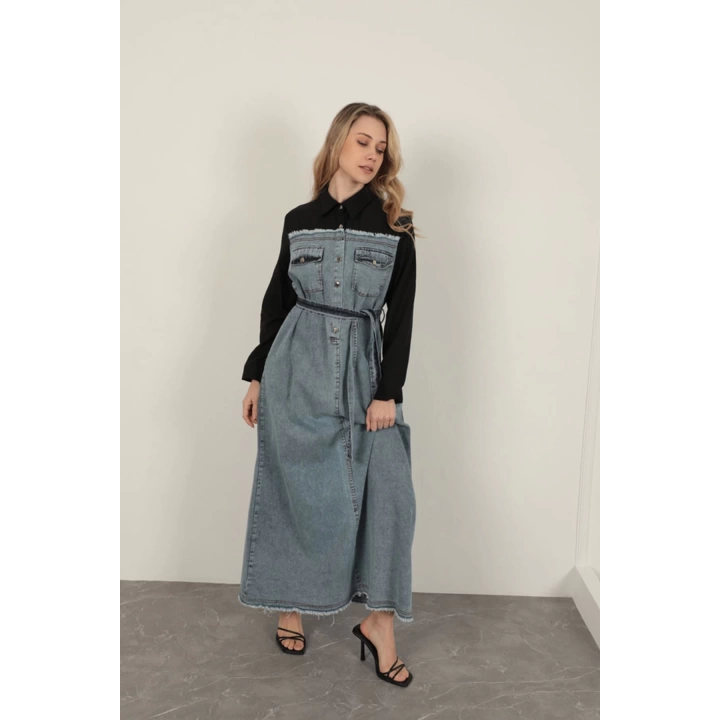 Denim Kumaş Garnili Elbise-Siyah