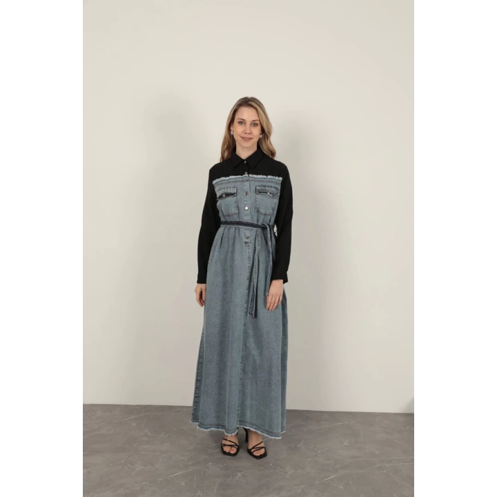 Denim Kumaş Garnili Elbise-Siyah