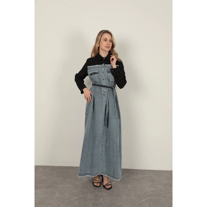 Denim Kumaş Garnili Elbise-Siyah