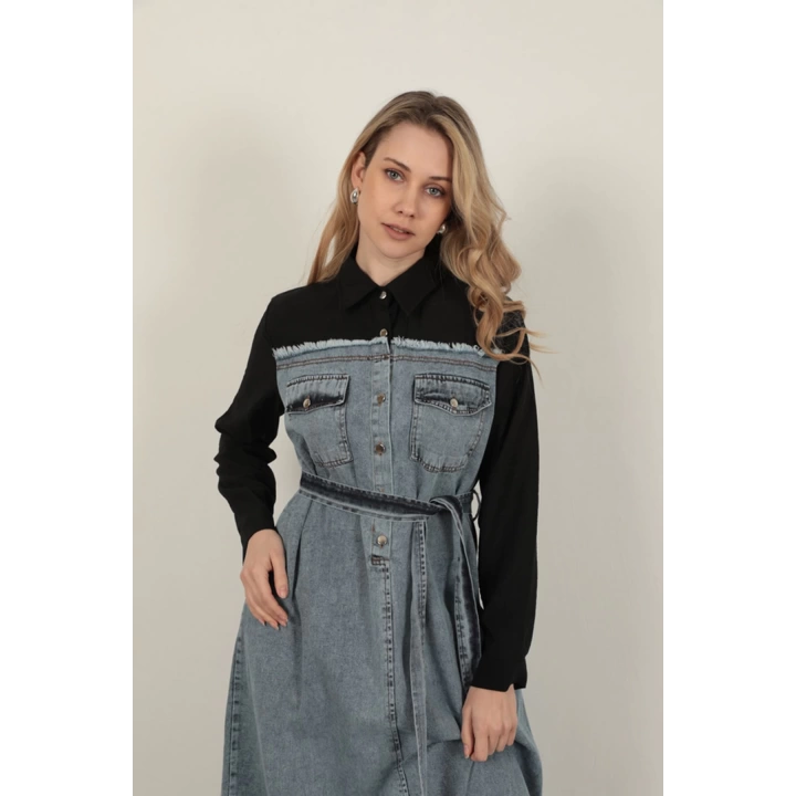 Denim Kumaş Garnili Elbise-Siyah