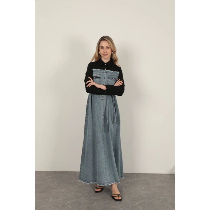 Denim Kumaş Garnili Elbise-Siyah