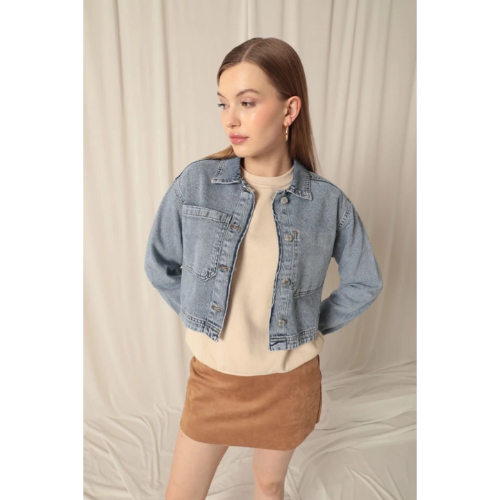 Denim Kumaş Ters Cep Kadın Mavi Ceket