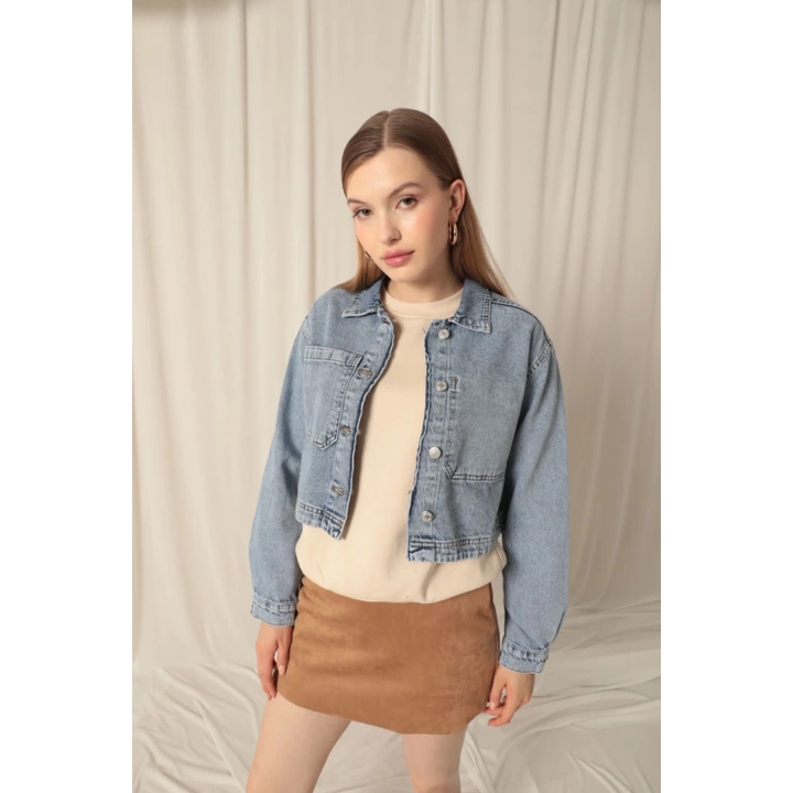 Denim Kumaş Ters Cep Kadın Mavi Ceket