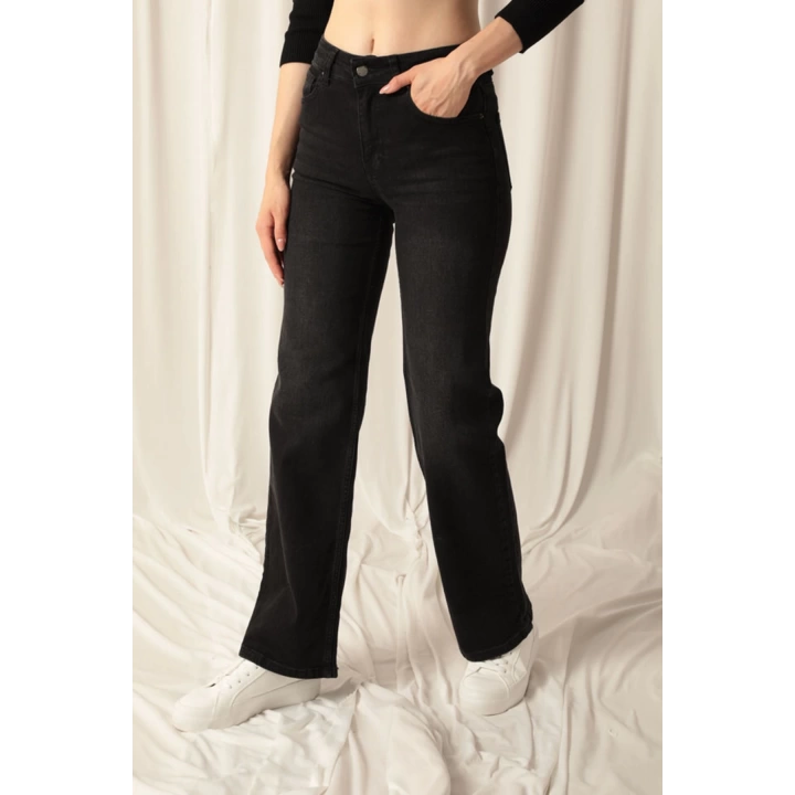 Denim Kumaş Wide Leg Kadın Siyah Kot Pantolon