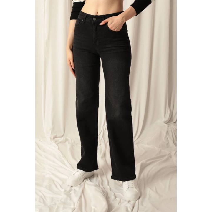 Denim Kumaş Wide Leg Kadın Siyah Kot Pantolon