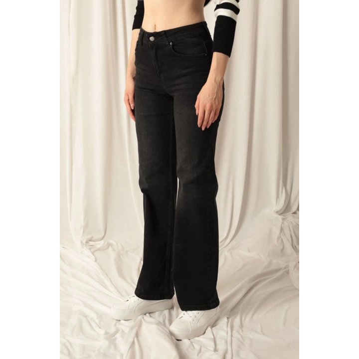 Denim Kumaş Wide Leg Kadın Siyah Kot Pantolon