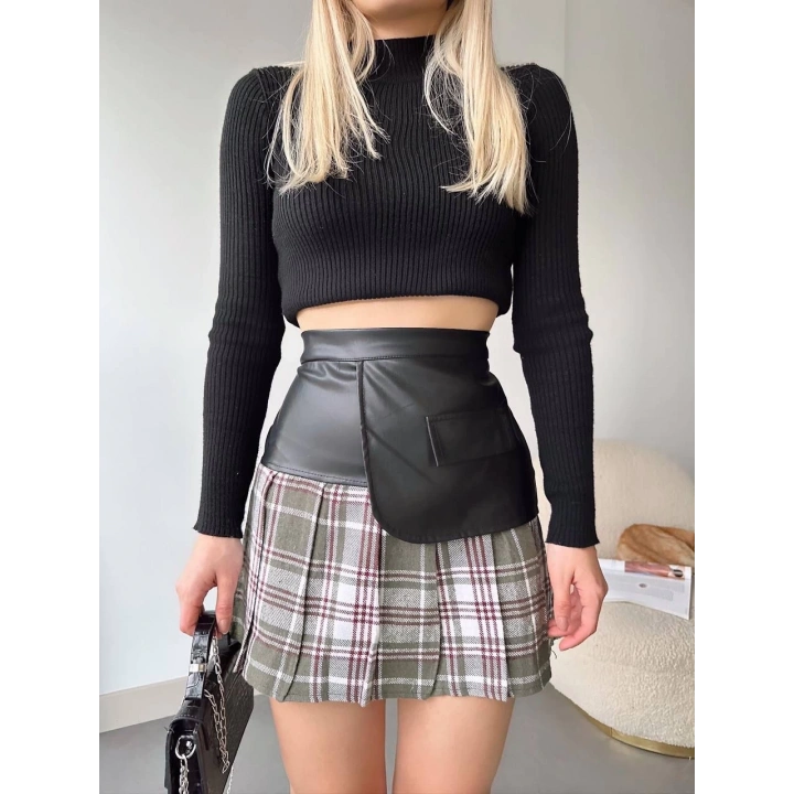 Deri garnili cepli ekose etek siyah s24604